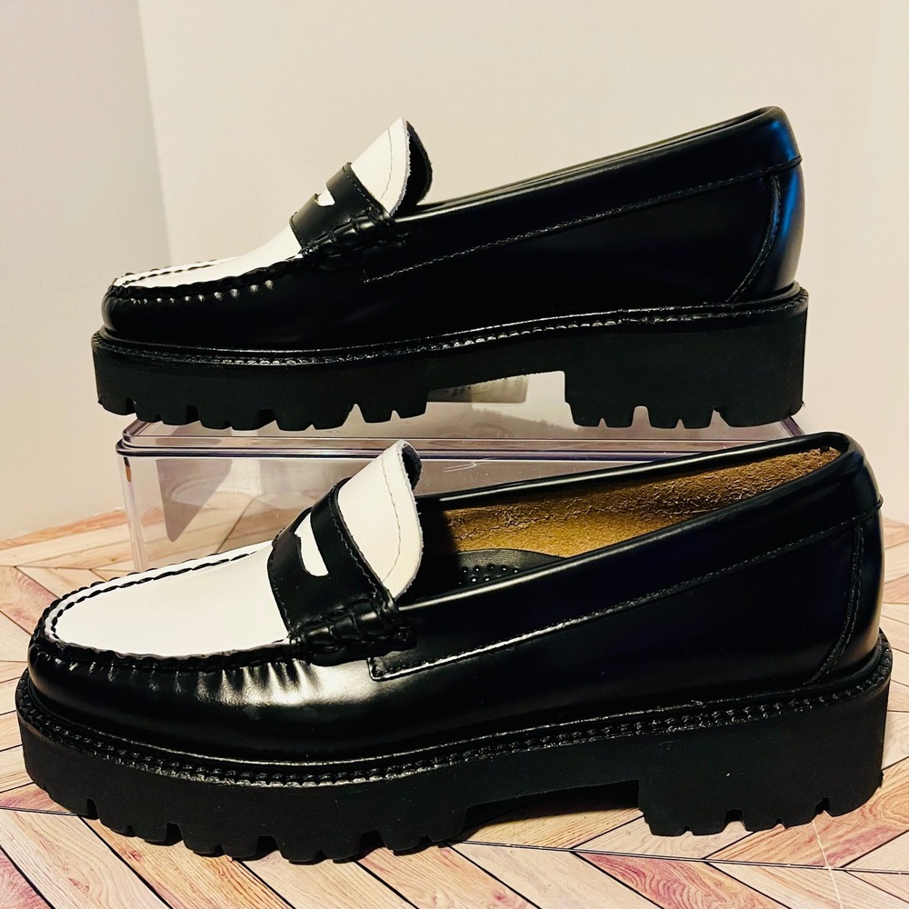 G.H. Bass Weejuns Whitney Super Lug Sole‎ Black White Womens 5 Penny Loafers